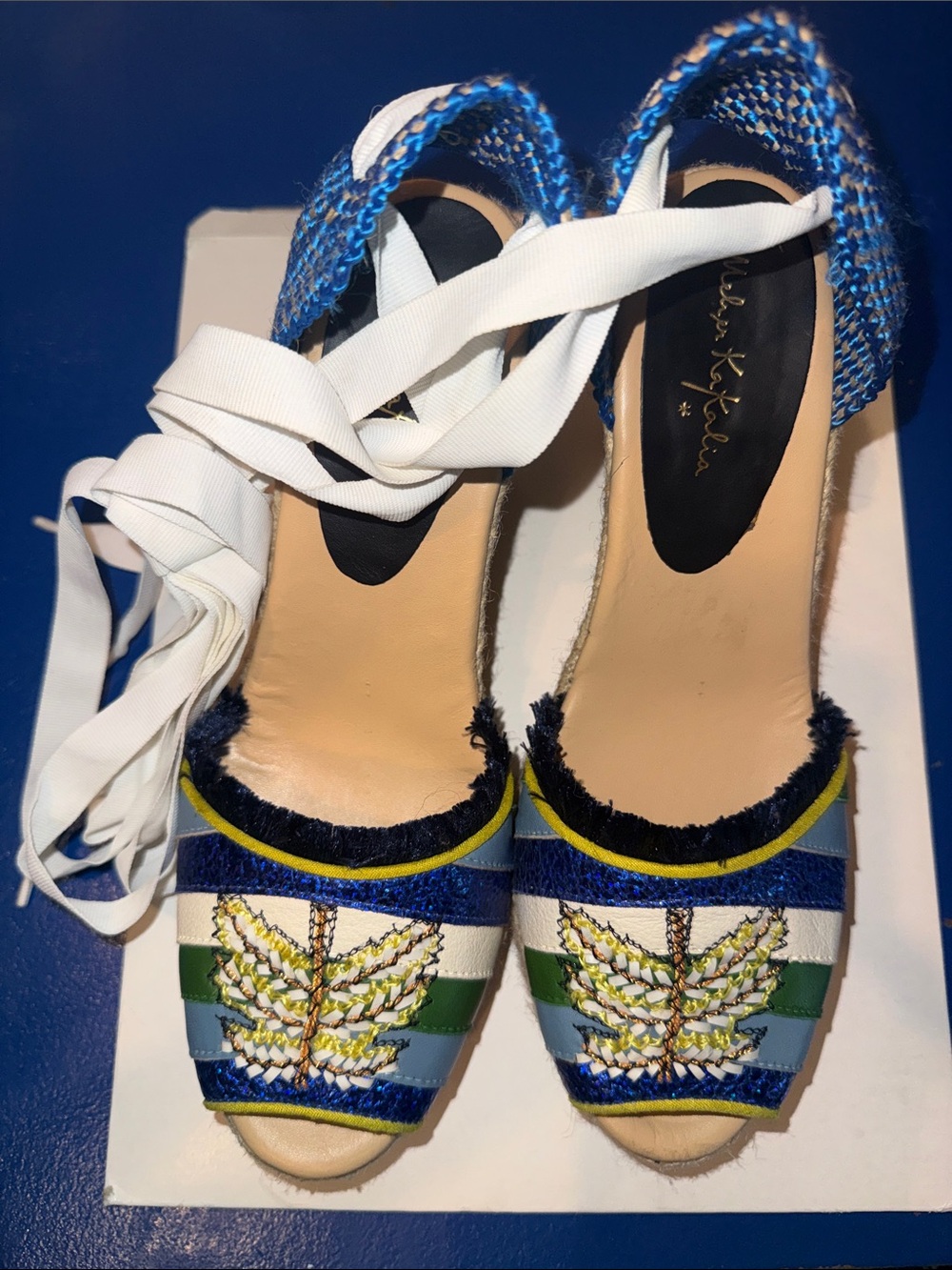Meher Kakalia Wedge Sandals Espadrille Blue Green Embroidered Butterfly EU 39